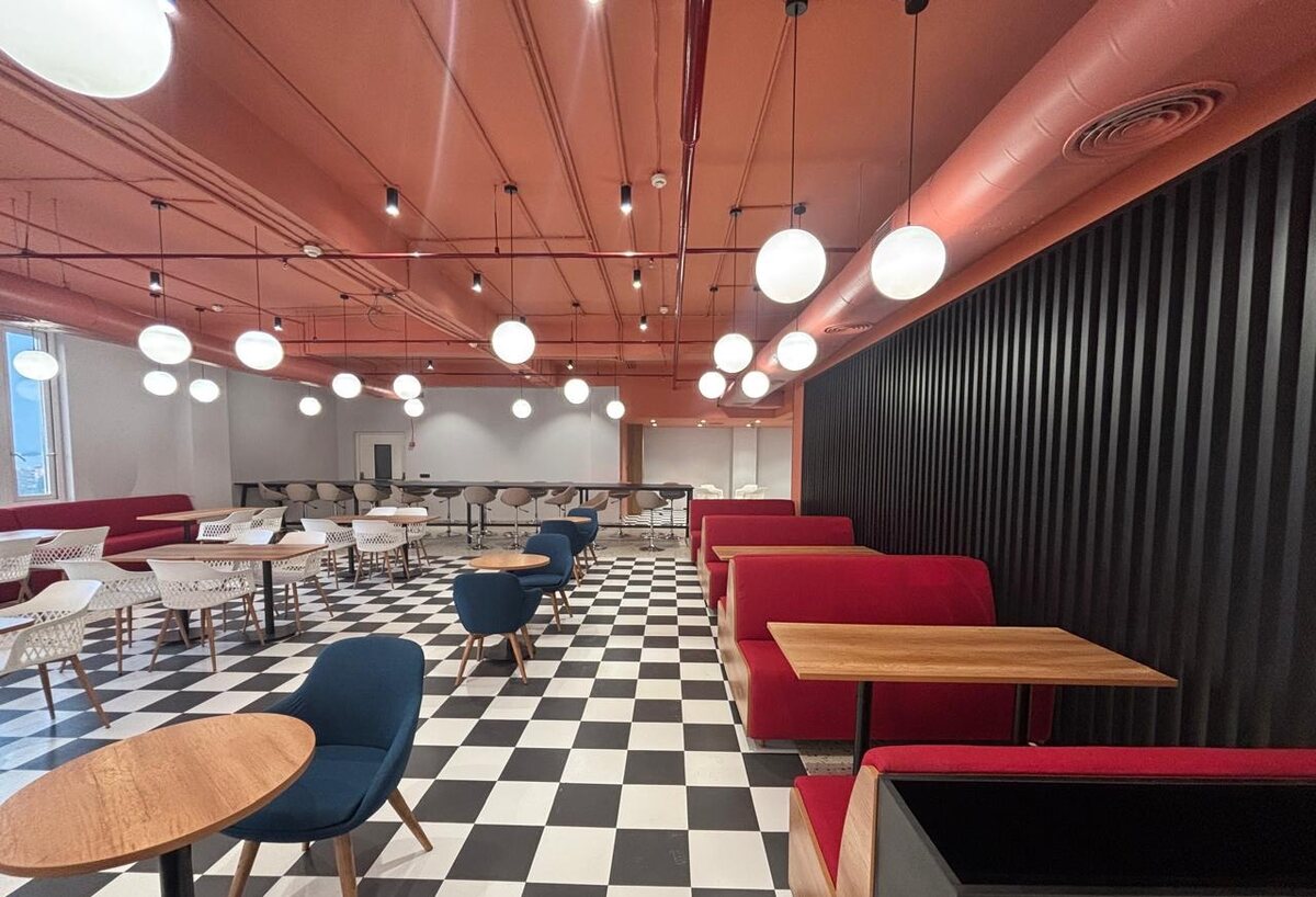Cafeteria with checkerboard flooring