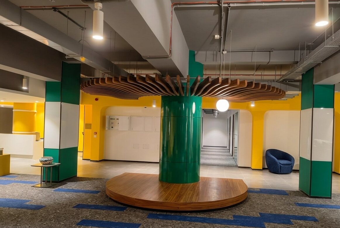 Colourful breakout zone with circular pillar