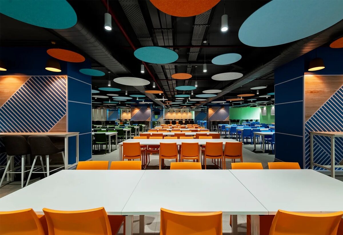 Cafeteria with playful ceiling design