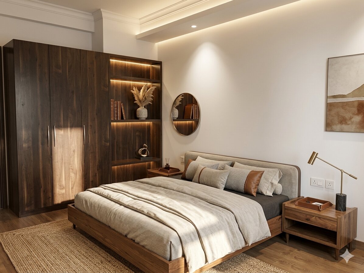 Residential bedroom with dark wood wardrobe
