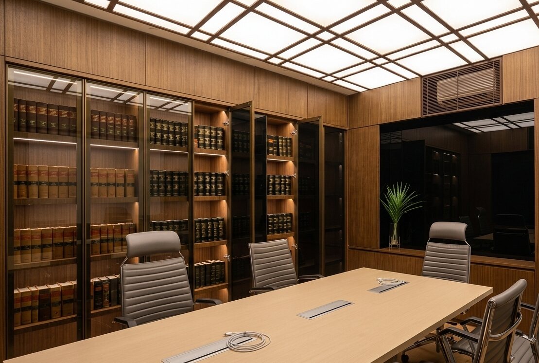 Wood-panelled boardroom with library shelving