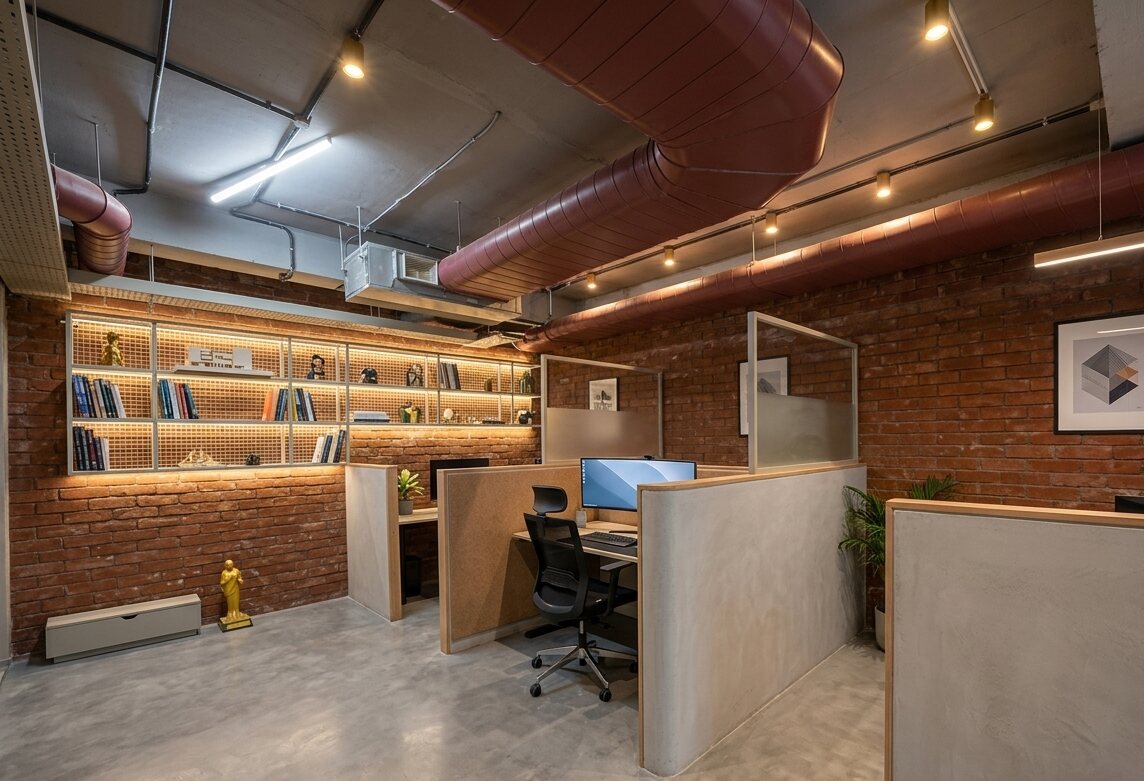 Exposed-ceiling breakout workspace with brick wall